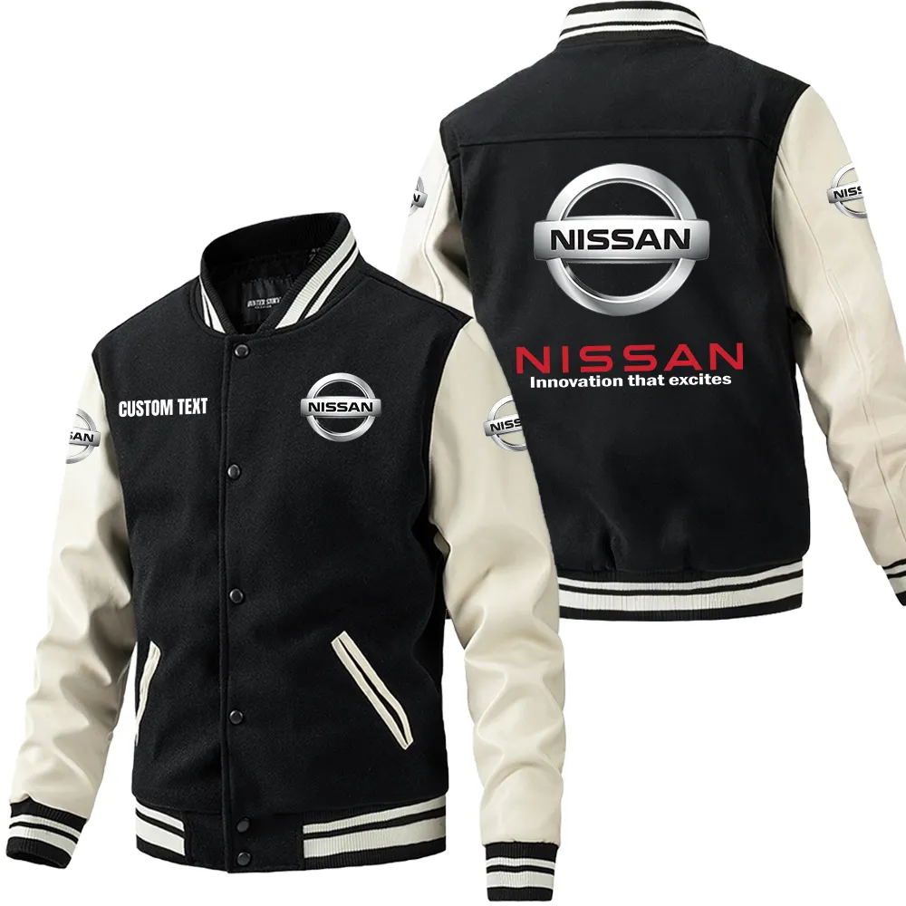 Nissan Leder-Baseballjacke für Auto-Fans – Ärmel mit All-Over-Print, personalisierbar mit Wunschname CAR1801112167 - Schwarz Weiß