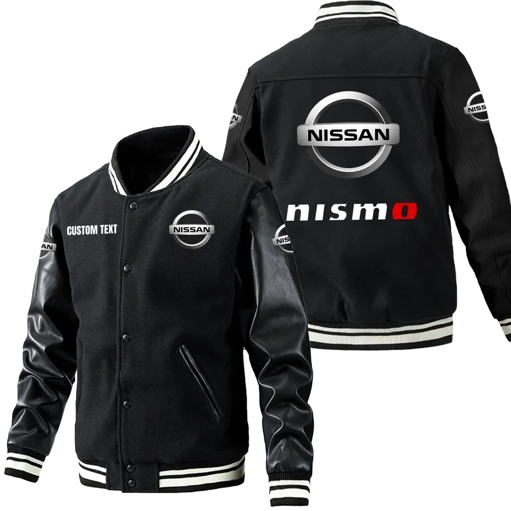 Nissan Nismo Leder-Baseballjacke für Auto-Fans – Ärmel mit All-Over-Print, personalisierbar mit Wunschname CAR1801112168 - Schwarz