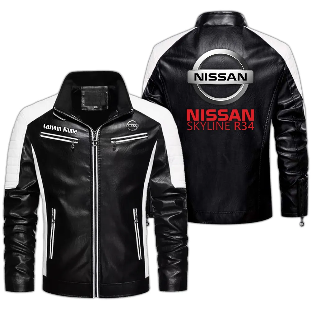 nissan r34 Custom Herren Lederjacke für Autoliebhaber, Perfektes Geschenk mit Namen  CAR0401022256 - Schwarz