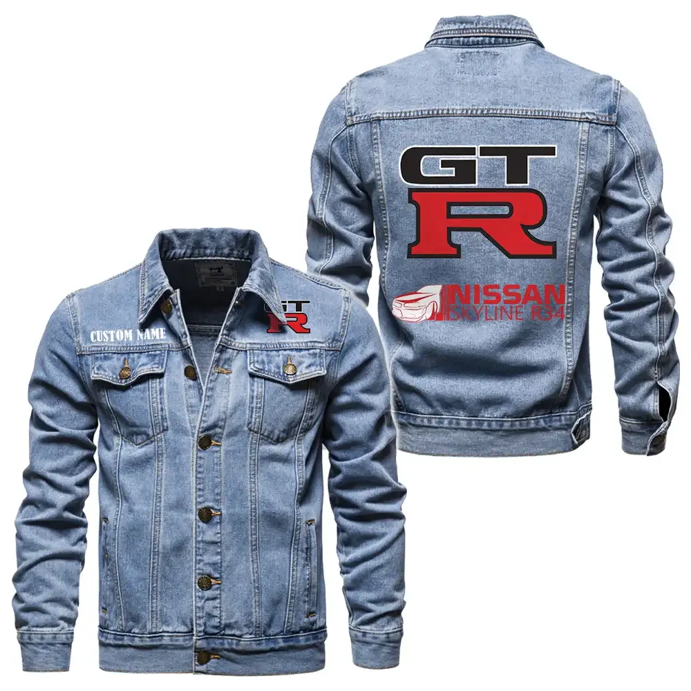 Nissan r34 Jeansjacke für Auto-Fans – Vintage-Stil mit Wunschname personalisierbar CAR1901132220 - Hellblau