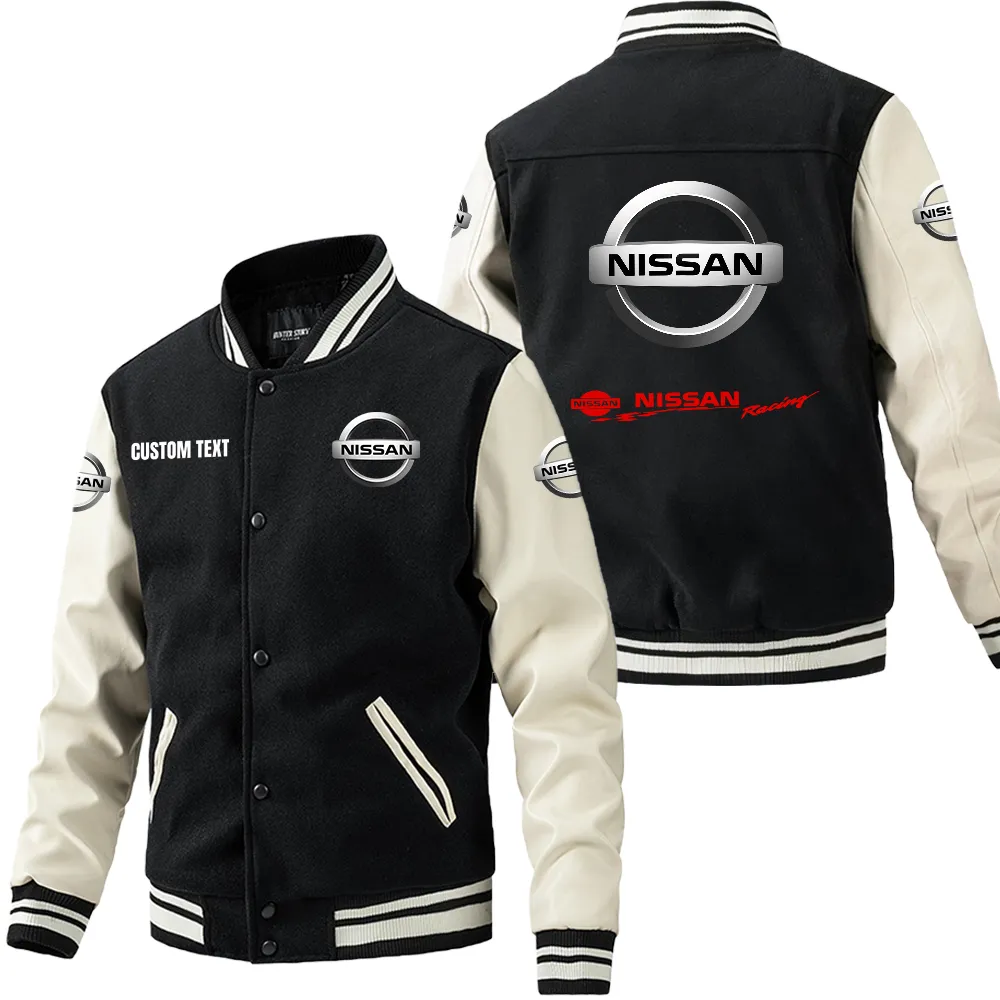 Nissan racing Leder-Baseballjacke für Auto-Fans – Ärmel mit All-Over-Print, personalisierbar mit Wunschname CAR1801112171 - Schwarz Weiß