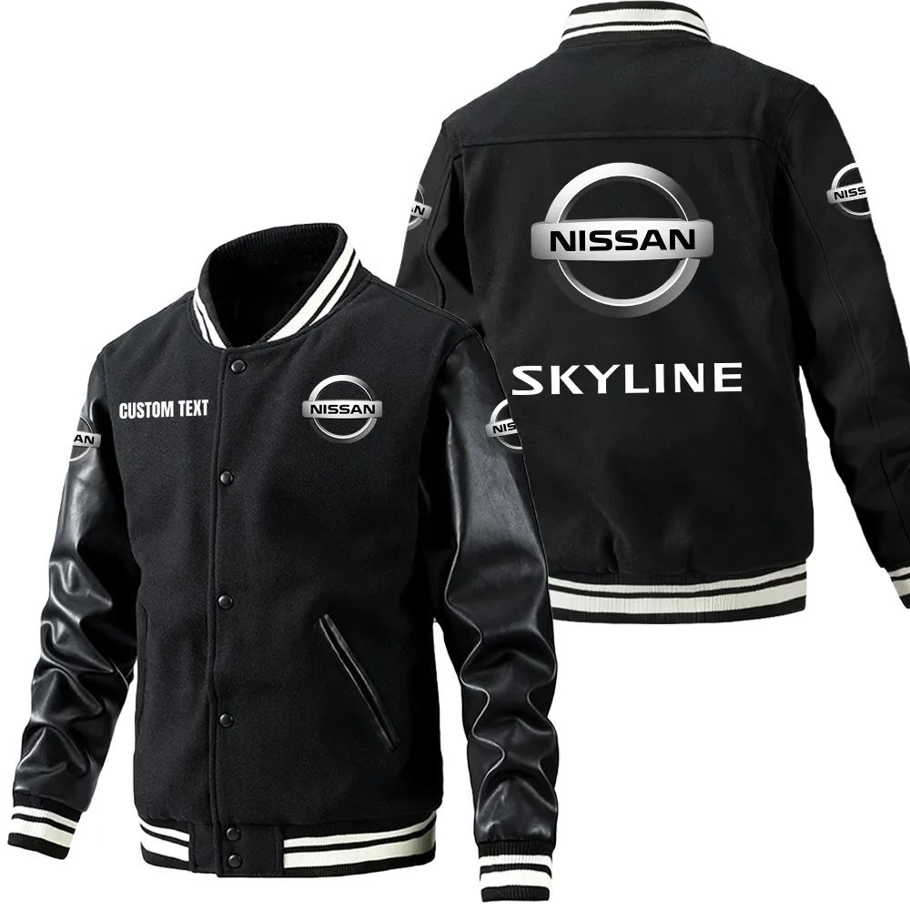 Nissan skyline Leder-Baseballjacke für Auto-Fans – Ärmel mit All-Over-Print, personalisierbar mit Wunschname CAR1801112173 - Schwarz