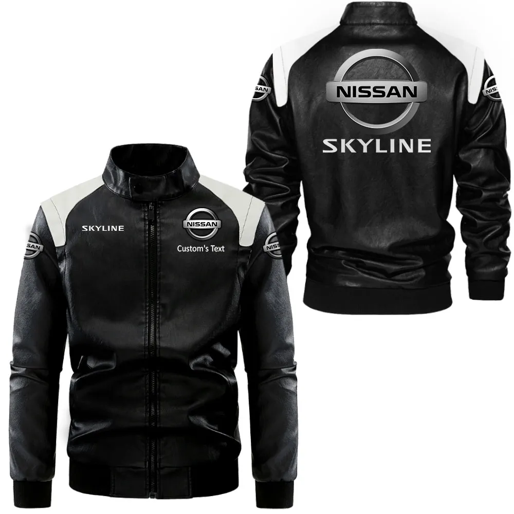 nissan skyline Lederjacke in Schwarz-Weiß für Auto-Fans, Allover-Print, personalisierbar mit Wunschname CAR0801062271