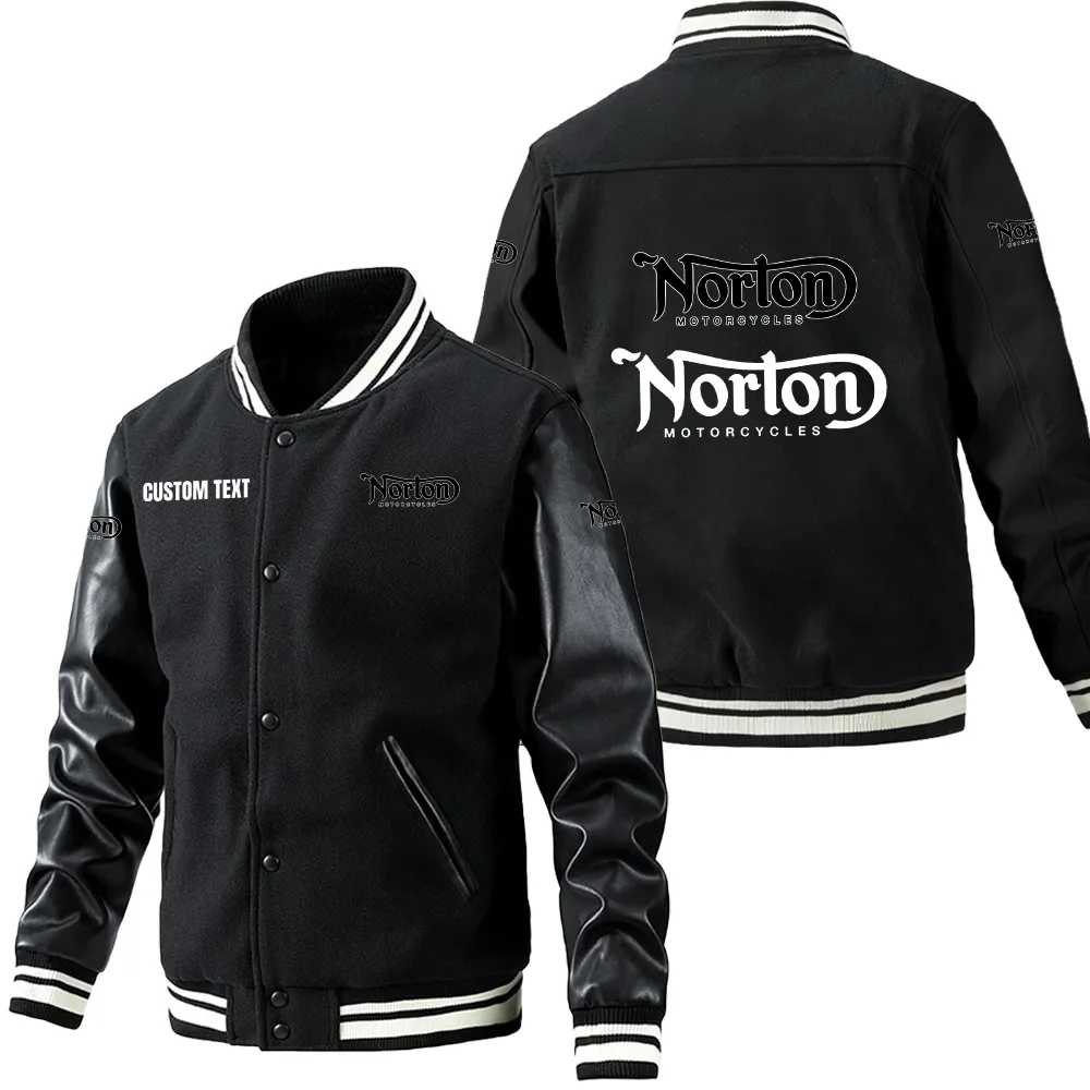 Norton Leder-Baseballjacke für Auto-Fans – Ärmel mit All-Over-Print, personalisierbar mit Wunschname CAR1801112175 - Schwarz