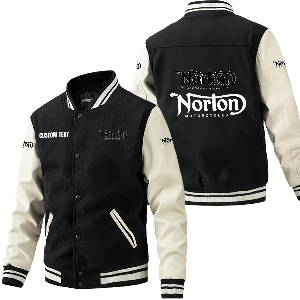 Norton Leder-Baseballjacke für Auto-Fans – Ärmel mit All-Over-Print, personalisierbar mit Wunschname CAR1801112175 - Schwarz Weiß
