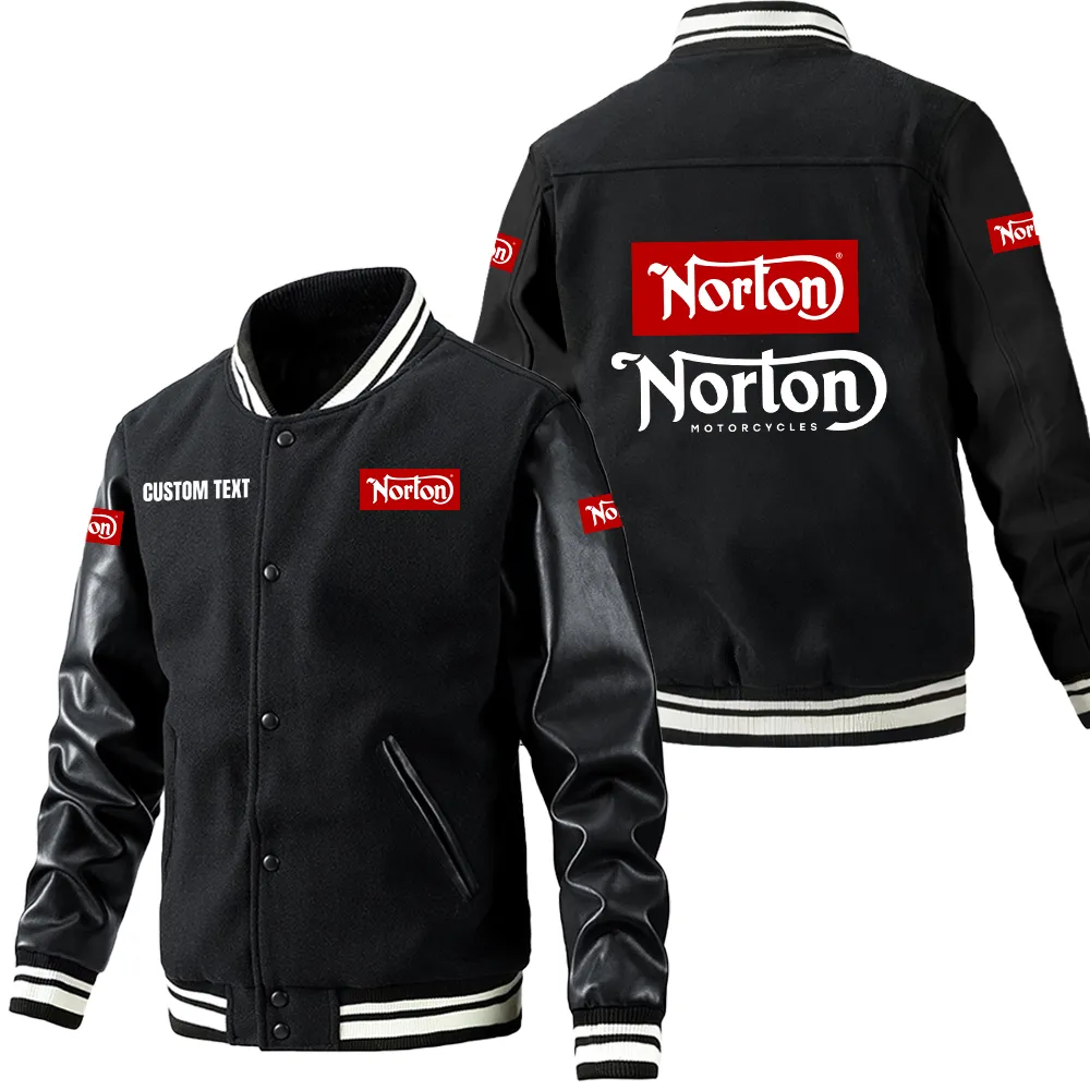 Norton Motorcycle Leder-Baseballjacke für Auto-Fans – Ärmel mit All-Over-Print, personalisierbar mit Wunschname CAR1801112176 - Schwarz