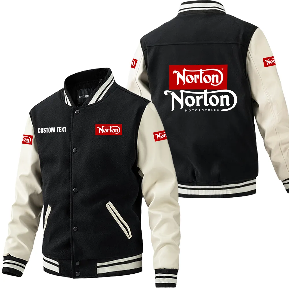 Norton Motorcycle Leder-Baseballjacke für Auto-Fans – Ärmel mit All-Over-Print, personalisierbar mit Wunschname CAR1801112176 - Schwarz Weiß