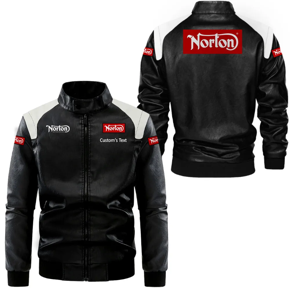 Norton Motorcycle Lederjacke in Schwarz-Weiß für Auto-Fans, Allover-Print, personalisierbar mit Wunschname CAR0801062274