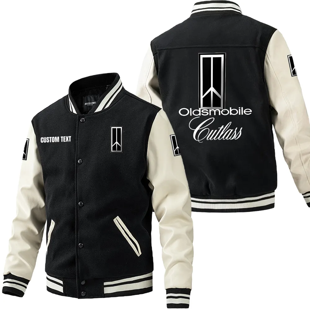 Oldsmobile Cutlass Leder-Baseballjacke für Auto-Fans – Ärmel mit All-Over-Print, personalisierbar mit Wunschname CAR1801112177 - Schwarz Weiß
