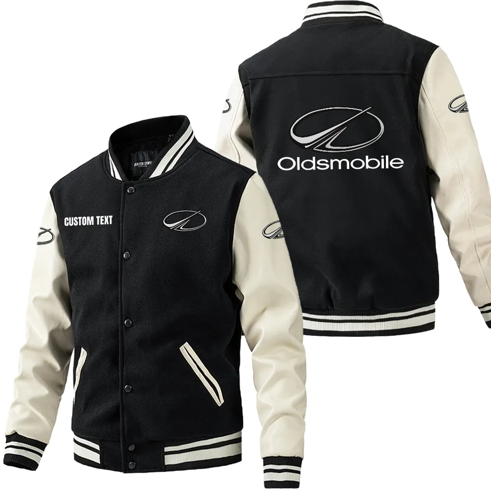 Oldsmobile Leder-Baseballjacke für Auto-Fans – Ärmel mit All-Over-Print, personalisierbar mit Wunschname CAR1801112178 - Schwarz Weiß