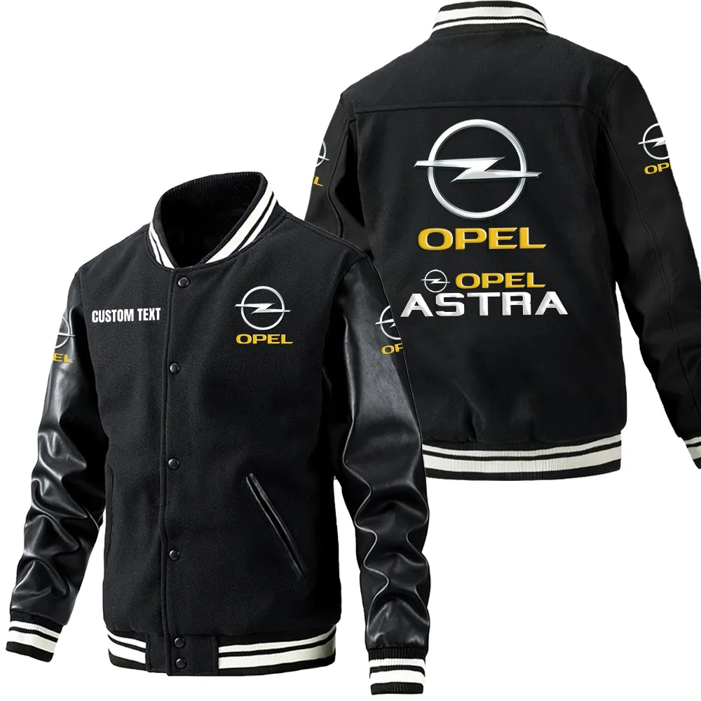 Opel Astra Leder-Baseballjacke für Auto-Fans – Ärmel mit All-Over-Print, personalisierbar mit Wunschname CAR1801112179 - Schwarz