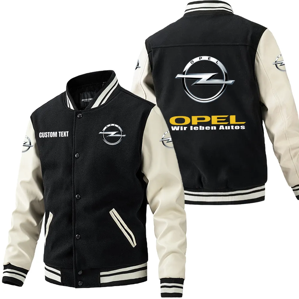 Opel Leder-Baseballjacke für Auto-Fans – Ärmel mit All-Over-Print, personalisierbar mit Wunschname CAR1801112180 - Schwarz Weiß