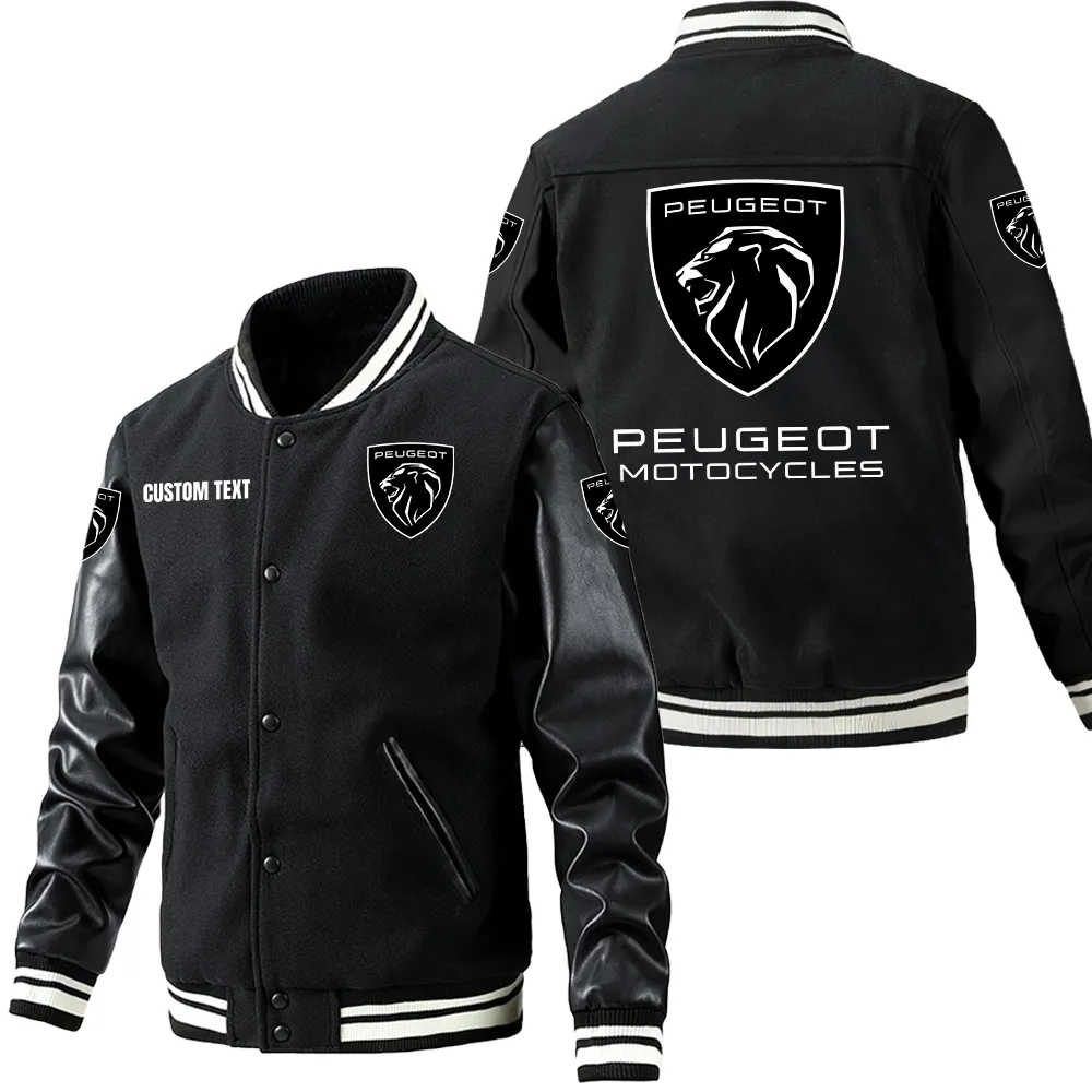 Peugeot Motorcycles Leder-Baseballjacke für Auto-Fans – Ärmel mit All-Over-Print, personalisierbar mit Wunschname CAR1801112183 - Schwarz