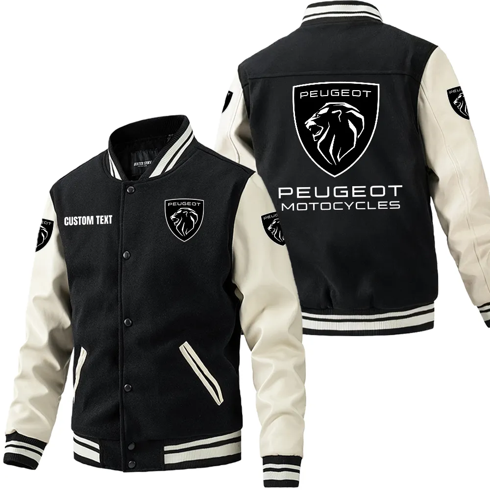 Peugeot Motorcycles Leder-Baseballjacke für Auto-Fans – Ärmel mit All-Over-Print, personalisierbar mit Wunschname CAR1801112183 - Schwarz Weiß