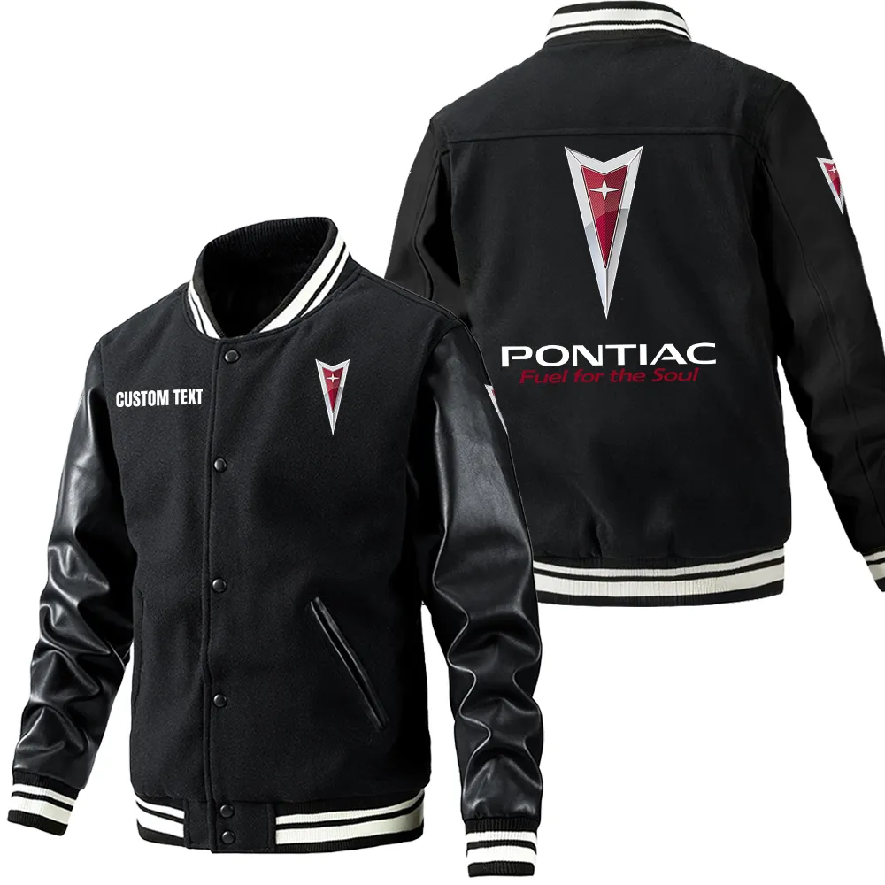 Pontiac Leder-Baseballjacke für Auto-Fans – Ärmel mit All-Over-Print, personalisierbar mit Wunschname CAR1801112187 - Schwarz