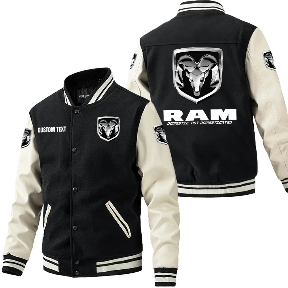 Ram Leder-Baseballjacke für Auto-Fans – Ärmel mit All-Over-Print, personalisierbar mit Wunschname CAR1801112190 - Schwarz Weiß