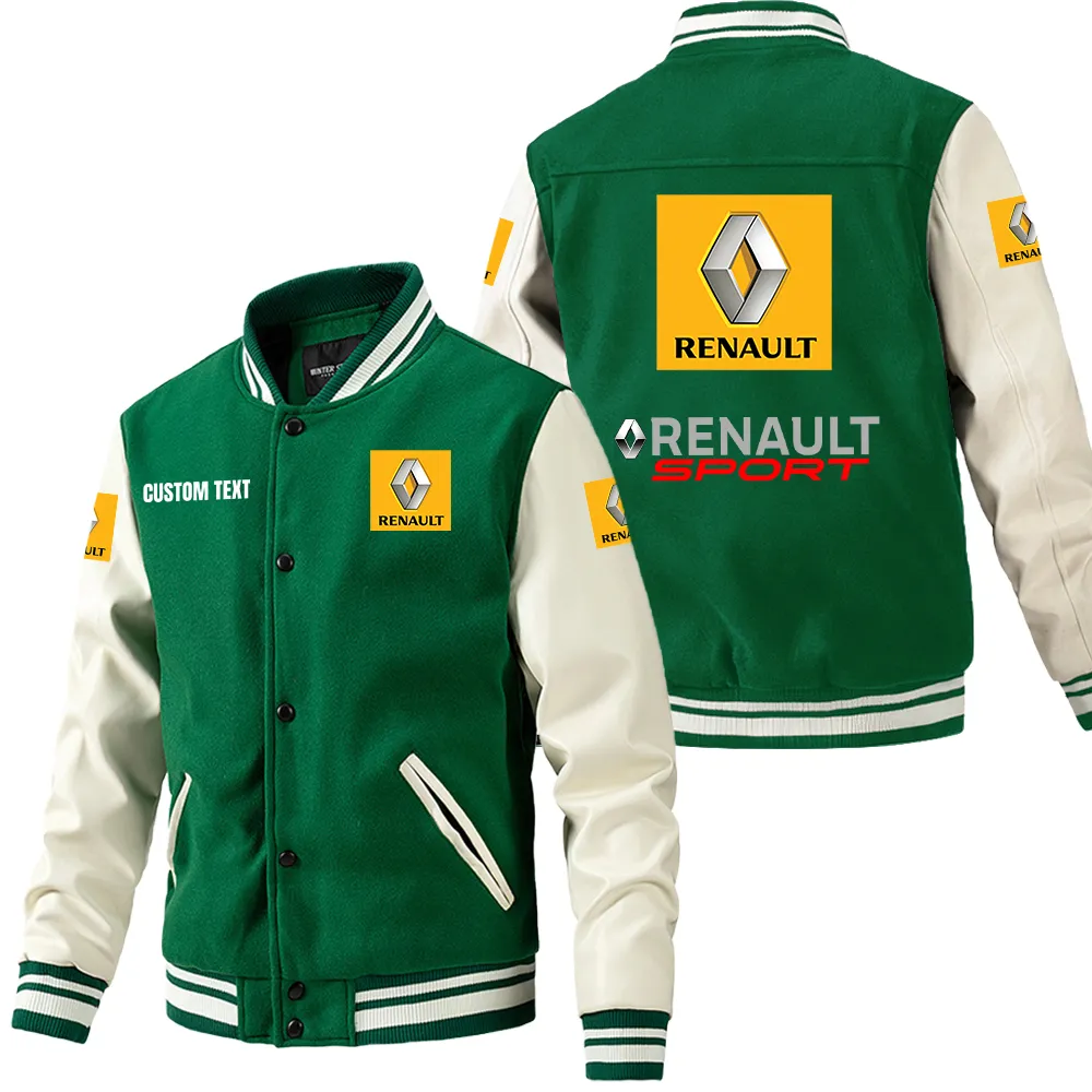 Renault Leder-Baseballjacke für Auto-Fans – Ärmel mit All-Over-Print, personalisierbar mit Wunschname CAR1801112192 - Grün
