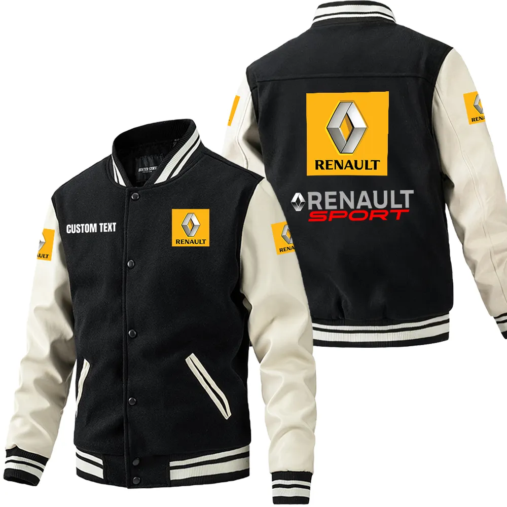 Renault Leder-Baseballjacke für Auto-Fans – Ärmel mit All-Over-Print, personalisierbar mit Wunschname CAR1801112192 - Schwarz Weiß