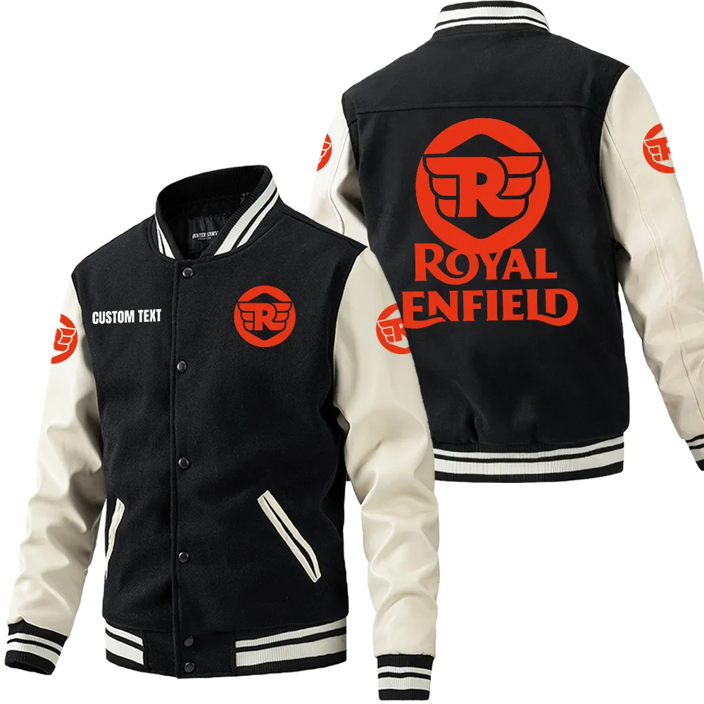 Royal Enfield Leder-Baseballjacke für Auto-Fans – Ärmel mit All-Over-Print, personalisierbar mit Wunschname CAR1801112195 - Schwarz Weiß