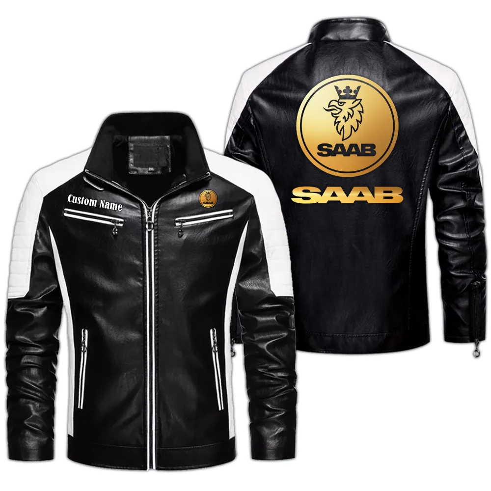SAAB Custom Herren Lederjacke für Autoliebhaber, Perfektes Geschenk mit Namen  CAR0401022286 - Schwarz