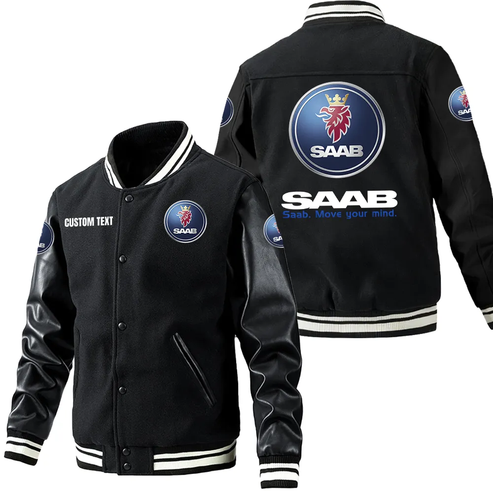 SAAB Leder-Baseballjacke für Auto-Fans – Ärmel mit All-Over-Print, personalisierbar mit Wunschname CAR1801112197 - Schwarz