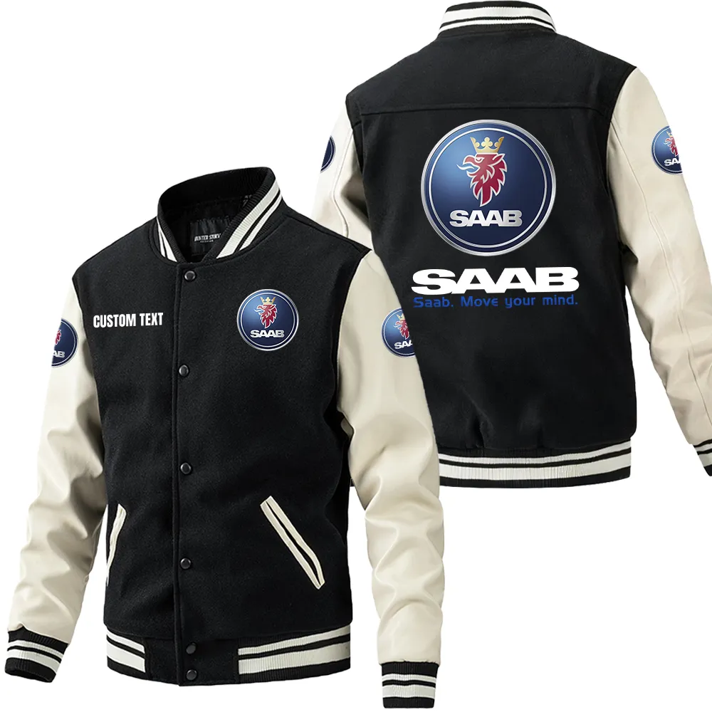 SAAB Leder-Baseballjacke für Auto-Fans – Ärmel mit All-Over-Print, personalisierbar mit Wunschname CAR1801112197 - Schwarz Weiß