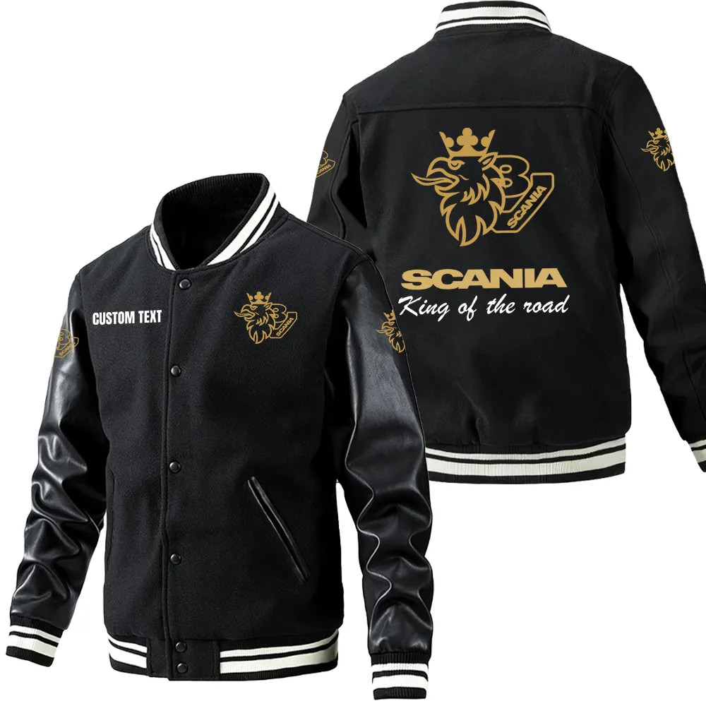 Scania V8 Leder-Baseballjacke für Auto-Fans – Ärmel mit All-Over-Print, personalisierbar mit Wunschname CAR1801112199 - Schwarz