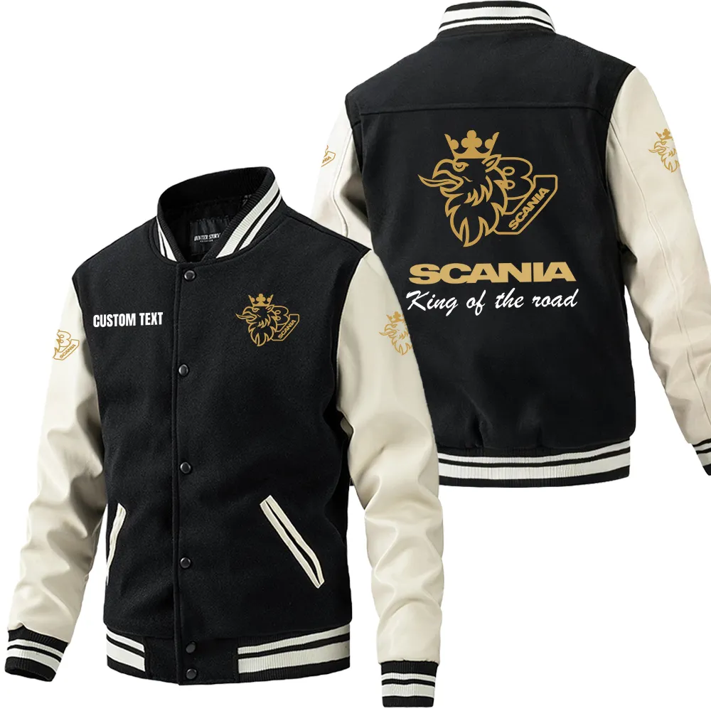 Scania V8 Leder-Baseballjacke für Auto-Fans – Ärmel mit All-Over-Print, personalisierbar mit Wunschname CAR1801112199 - Schwarz Weiß