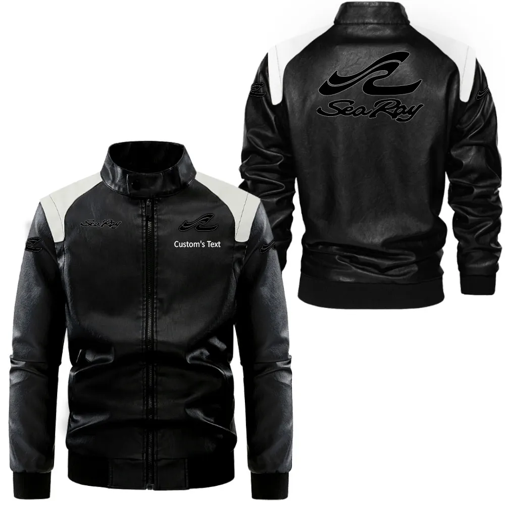 Sea Ray Lederjacke in Schwarz-Weiß für Auto-Fans, Allover-Print, personalisierbar mit Wunschname CAR0801062305