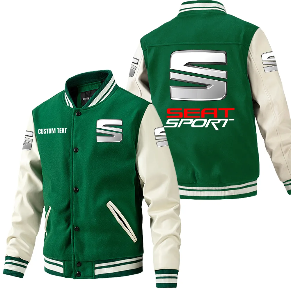 SEAT Leder-Baseballjacke für Auto-Fans – Ärmel mit All-Over-Print, personalisierbar mit Wunschname CAR1801112201 - Grün