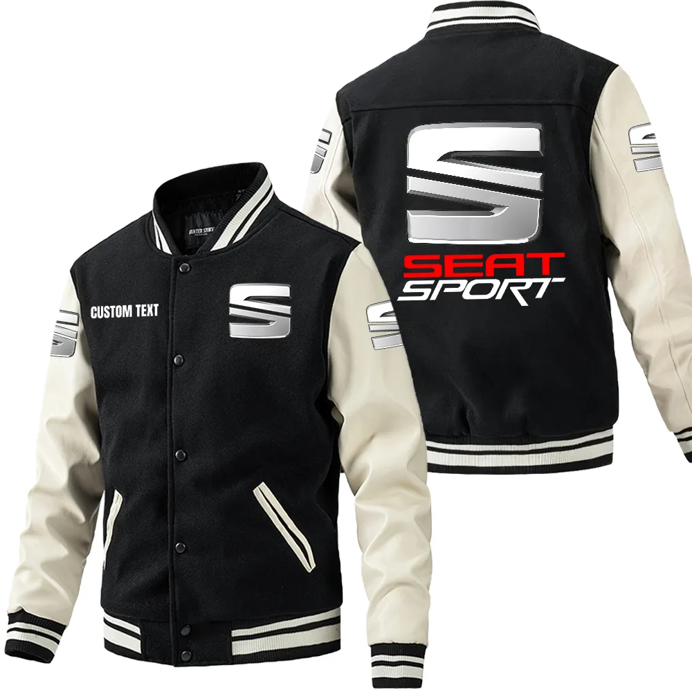 SEAT Leder-Baseballjacke für Auto-Fans – Ärmel mit All-Over-Print, personalisierbar mit Wunschname CAR1801112201 - Schwarz Weiß