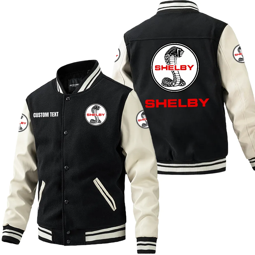 shelby Leder-Baseballjacke für Auto-Fans – Ärmel mit All-Over-Print, personalisierbar mit Wunschname CAR1801112203 - Schwarz Weiß