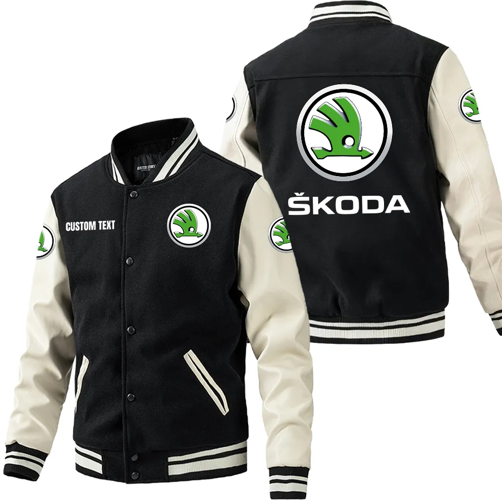 Skoda Leder-Baseballjacke für Auto-Fans – Ärmel mit All-Over-Print, personalisierbar mit Wunschname CAR1801112205 - Schwarz Weiß