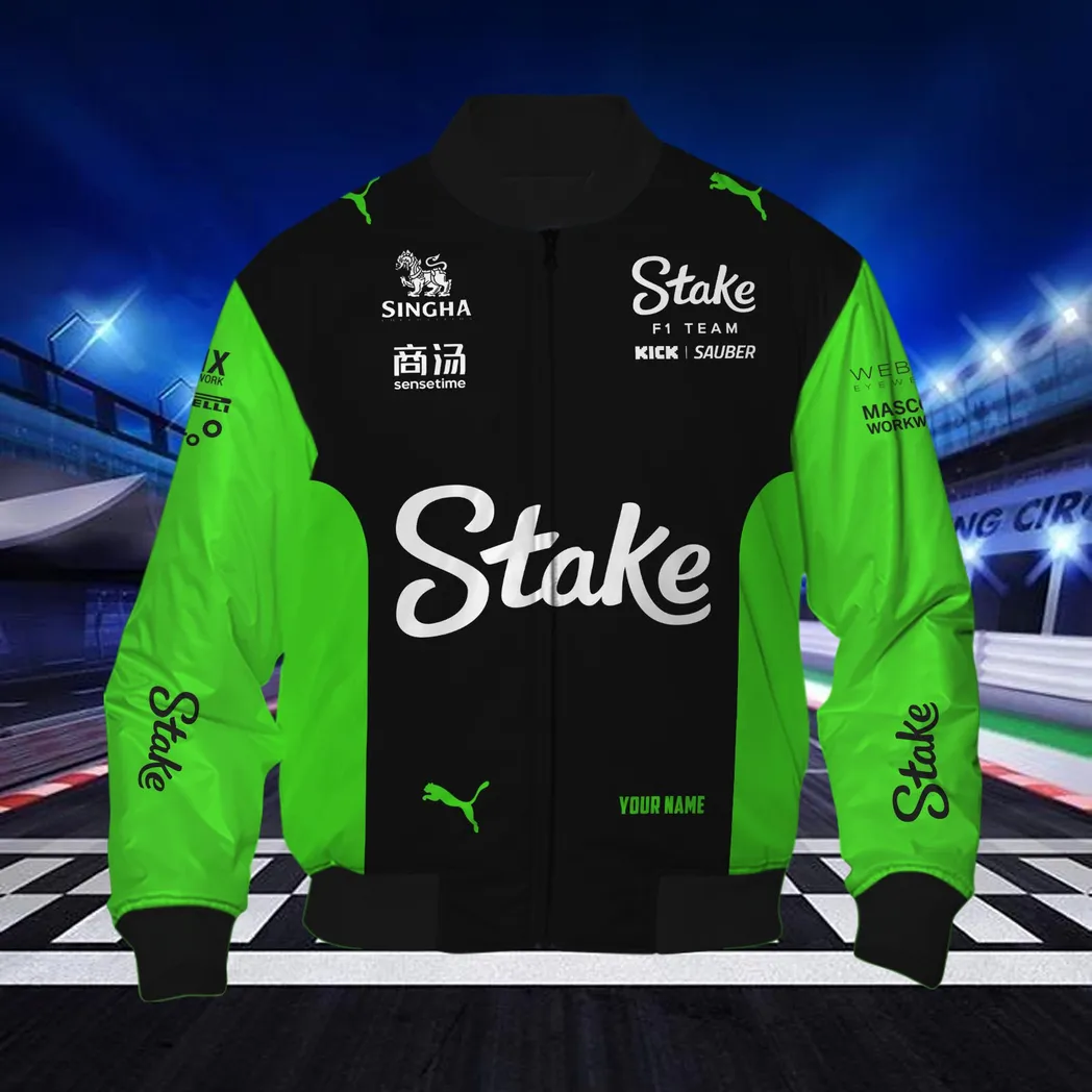 Stake F1 Personalisierte Bomberjacke für Auto-Liebhaber – Vintage 3D Print & Namensdruck CAR418050925668