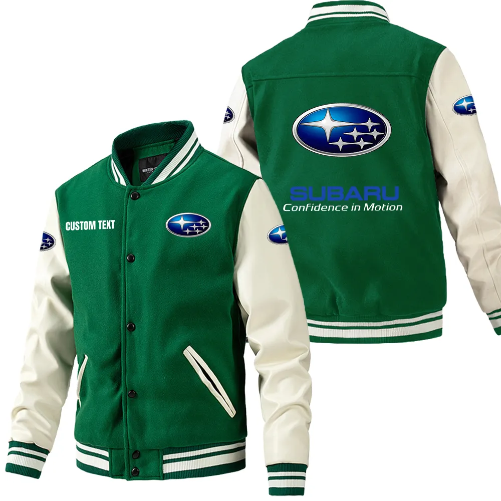 Subaru Leder-Baseballjacke für Auto-Fans – Ärmel mit All-Over-Print, personalisierbar mit Wunschname CAR1801112209 - Grün