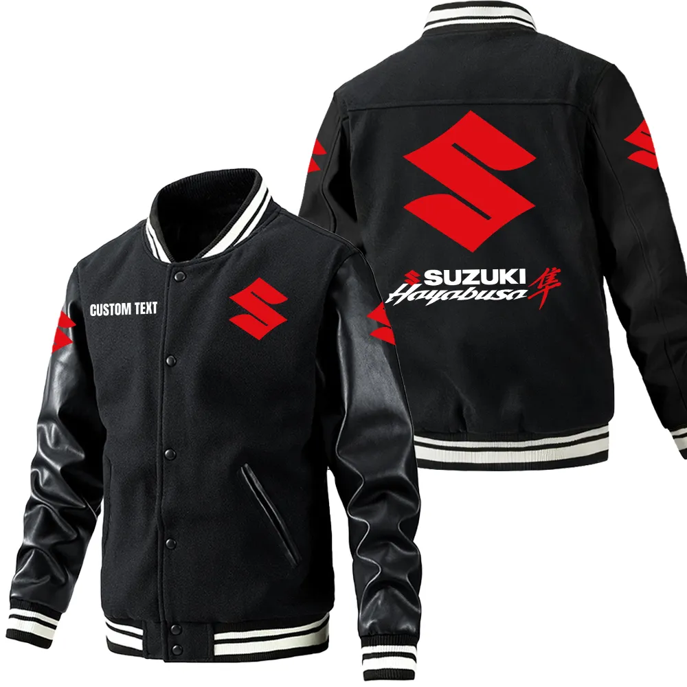 Suzuki Hayabusa Leder-Baseballjacke für Auto-Fans – Ärmel mit All-Over-Print, personalisierbar mit Wunschname CAR1801112211 - Schwarz