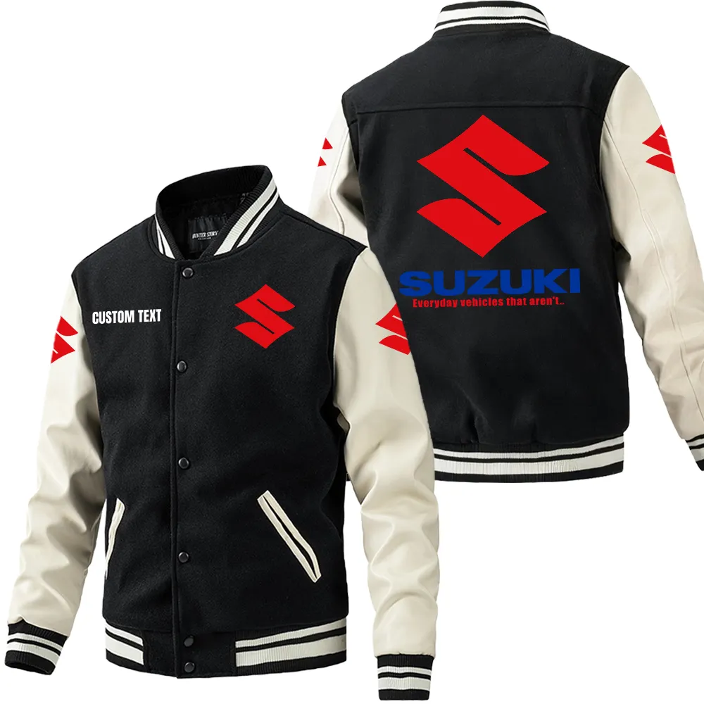 Suzuki Leder-Baseballjacke für Auto-Fans – Ärmel mit All-Over-Print, personalisierbar mit Wunschname CAR1801112212 - Schwarz Weiß