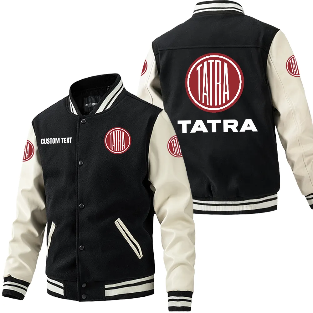 Tatra Leder-Baseballjacke für Auto-Fans – Ärmel mit All-Over-Print, personalisierbar mit Wunschname CAR1801112213 - Schwarz Weiß