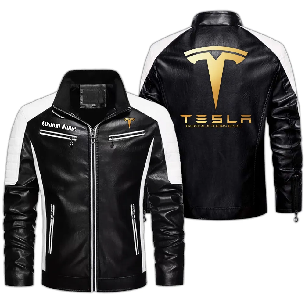 Tesla Motors Custom Herren Lederjacke für Autoliebhaber, Perfektes Geschenk mit Namen  CAR0401022303 - Schwarz