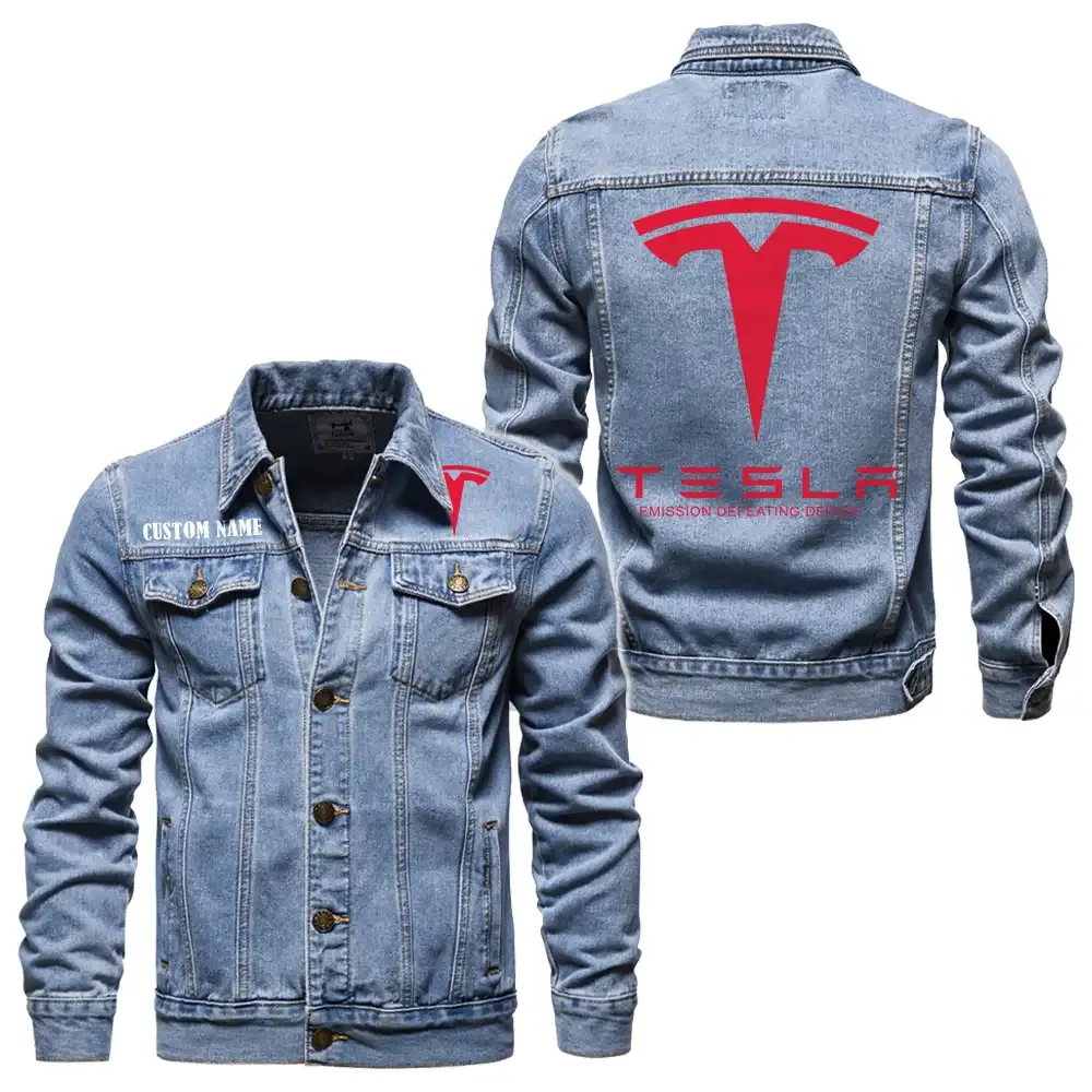 Tesla Motors Jeansjacke für Auto-Fans – Vintage-Stil mit Wunschname personalisierbar CAR1901132277 - Hellblau