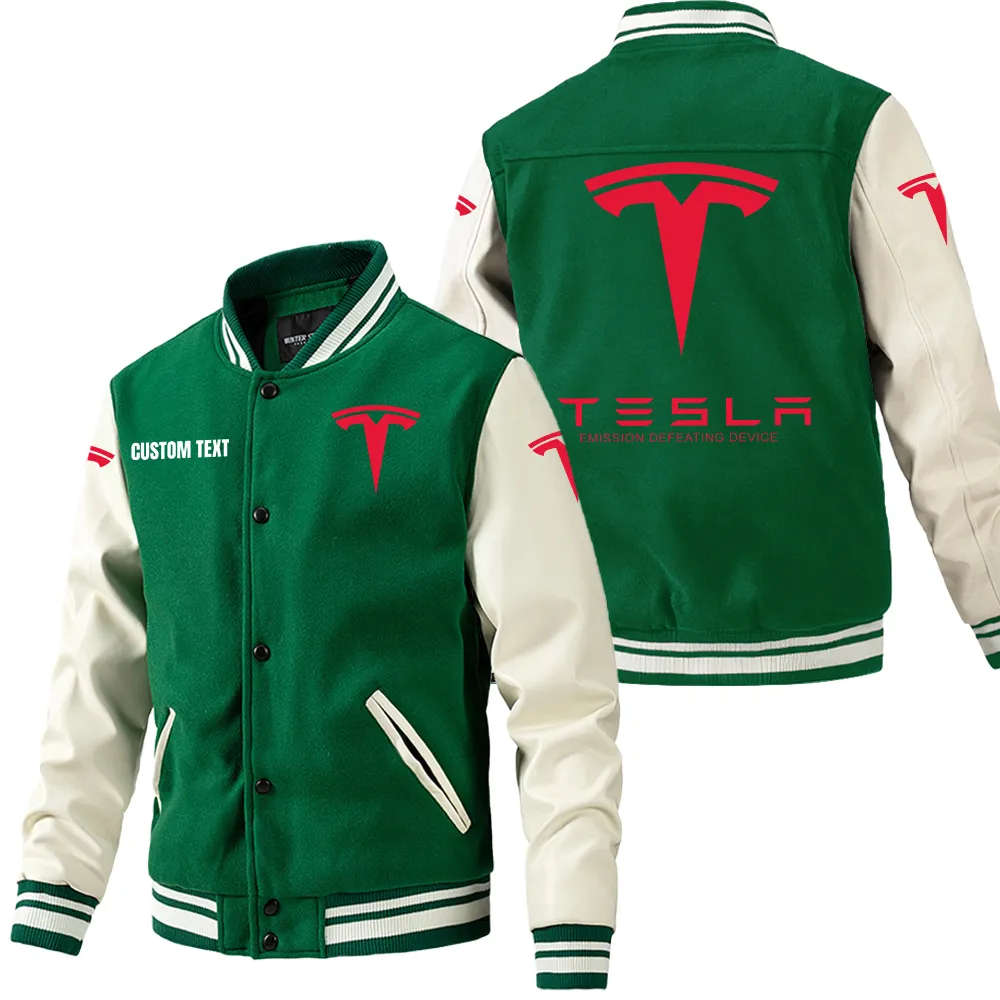 Tesla Motors Leder-Baseballjacke für Auto-Fans – Ärmel mit All-Over-Print, personalisierbar mit Wunschname CAR1801112214 - Grün