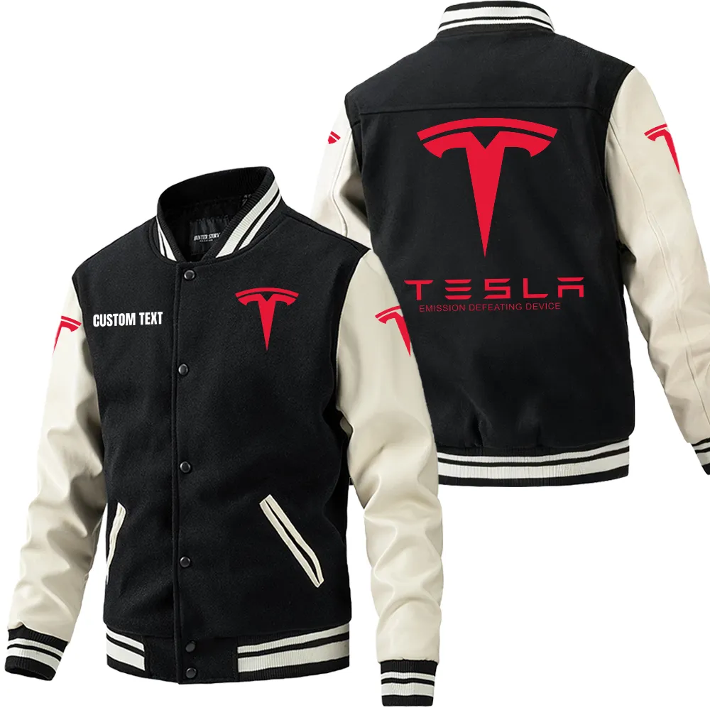 Tesla Motors Leder-Baseballjacke für Auto-Fans – Ärmel mit All-Over-Print, personalisierbar mit Wunschname CAR1801112214 - Schwarz Weiß
