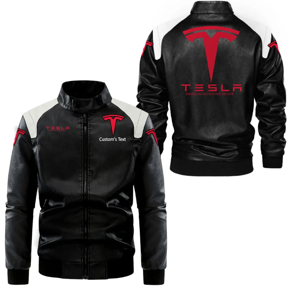 Tesla Motors Lederjacke in Schwarz-Weiß für Auto-Fans, Allover-Print, personalisierbar mit Wunschname CAR0801062330