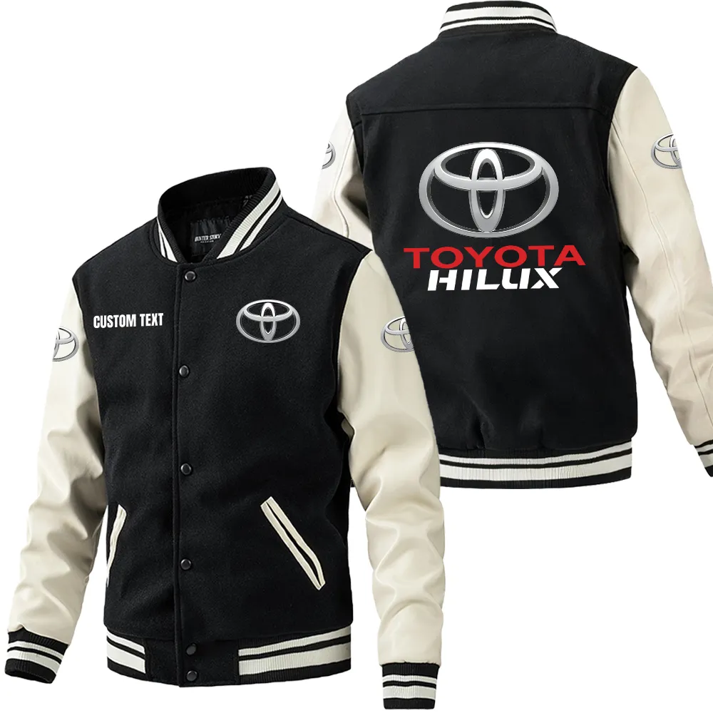 Toyota Hilux Leder-Baseballjacke für Auto-Fans – Ärmel mit All-Over-Print, personalisierbar mit Wunschname CAR1801112220 - Schwarz Weiß