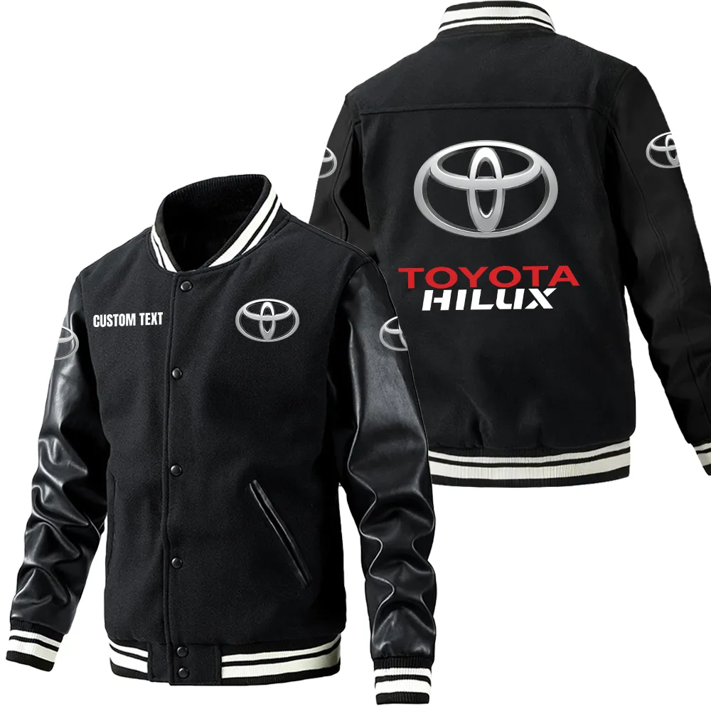 Toyota Hilux Leder-Baseballjacke für Auto-Fans – Ärmel mit All-Over-Print, personalisierbar mit Wunschname CAR1801112220 - Schwarz