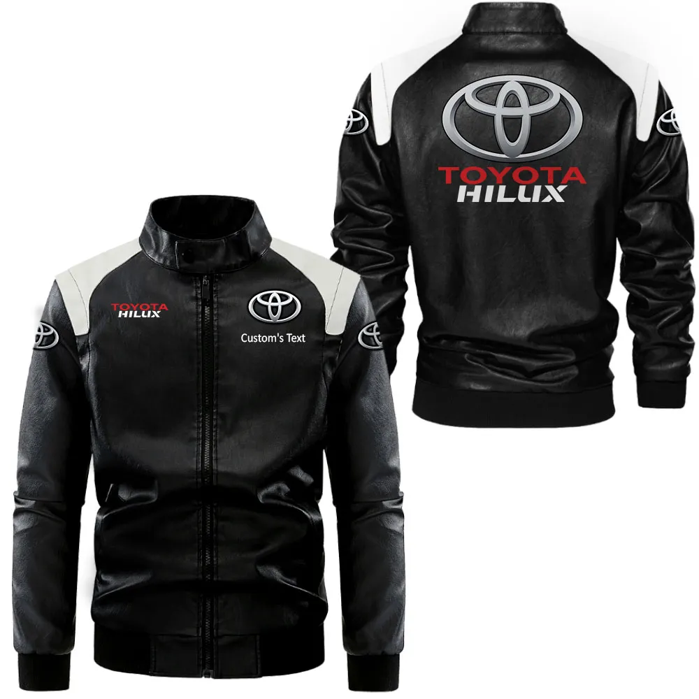 Toyota Hilux Lederjacke in Schwarz-Weiß für Auto-Fans, Allover-Print, personalisierbar mit Wunschname CAR0801062339