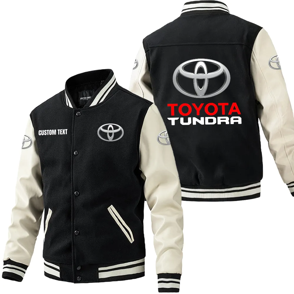 Toyota Tundra Leder-Baseballjacke für Auto-Fans – Ärmel mit All-Over-Print, personalisierbar mit Wunschname CAR1801112230 - Schwarz Weiß