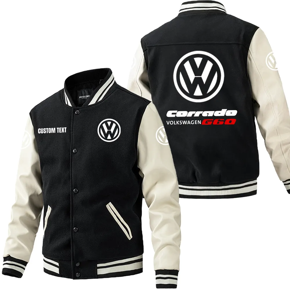 Volkswagen Corrado G60 Leder-Baseballjacke für Auto-Fans – Ärmel mit All-Over-Print, personalisierbar mit Wunschname CAR1801112239 - Schwarz Weiß