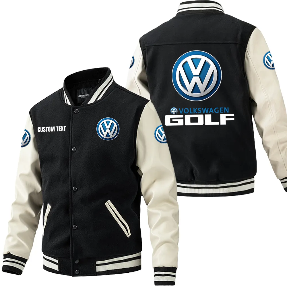Volkswagen Golf Leder-Baseballjacke für Auto-Fans – Ärmel mit All-Over-Print, personalisierbar mit Wunschname CAR1801112240 - Schwarz Weiß