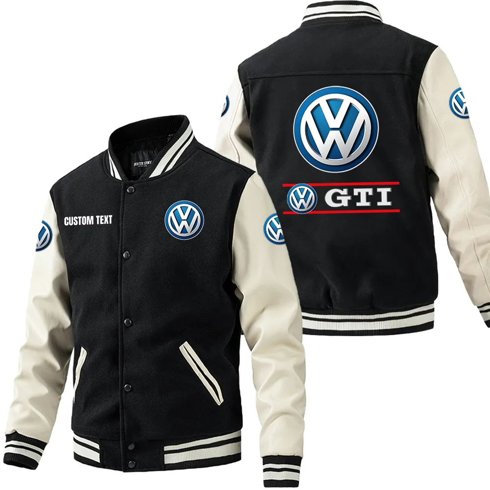 Volkswagen Gti Leder-Baseballjacke für Auto-Fans – Ärmel mit All-Over-Print, personalisierbar mit Wunschname CAR1801112241 - Schwarz Weiß
